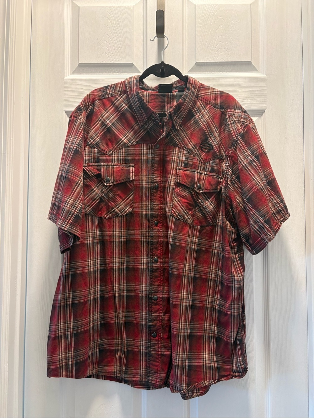 Men's Red Plaid Short-Sleeve Button-Up Harley Davidson